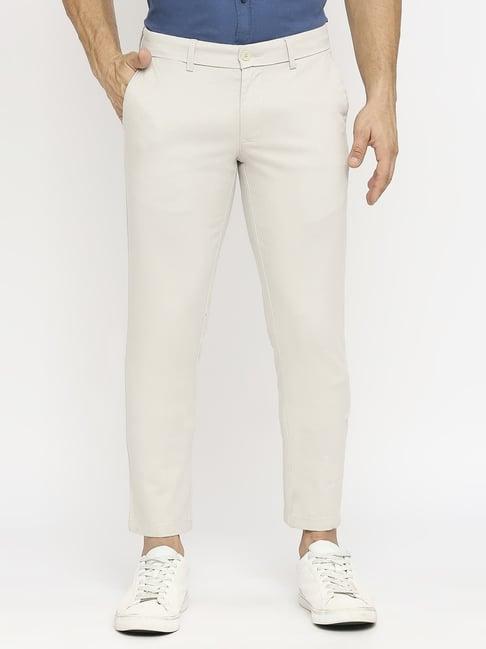 basics beige cotton tapered fit texture trousers