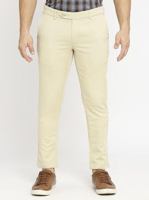 basics beige cotton tapered fit texture trousers