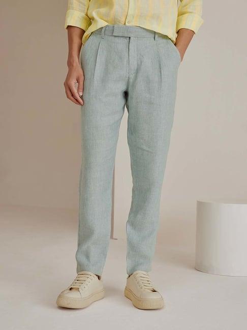 andamen light teal regular fit linen pleated trousers