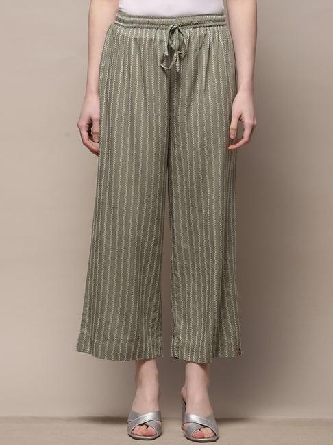 biba olive green cotton striped palazzos