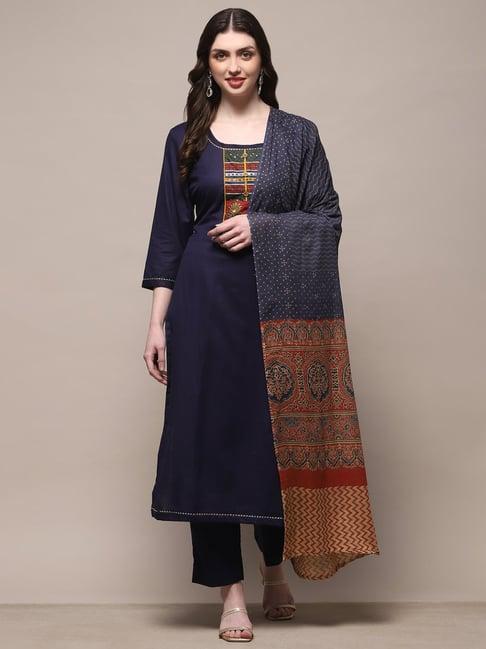 biba blue cotton embroidered unstitched dress material