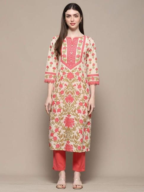 biba beige cotton floral print straight kurta