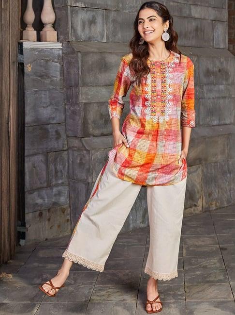 biba orange & beige cotton printed kurti palazzo set