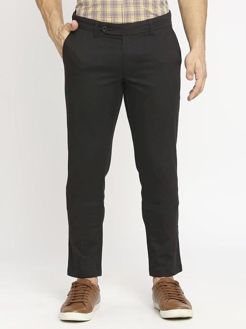 basics black cotton tapered fit texture trousers