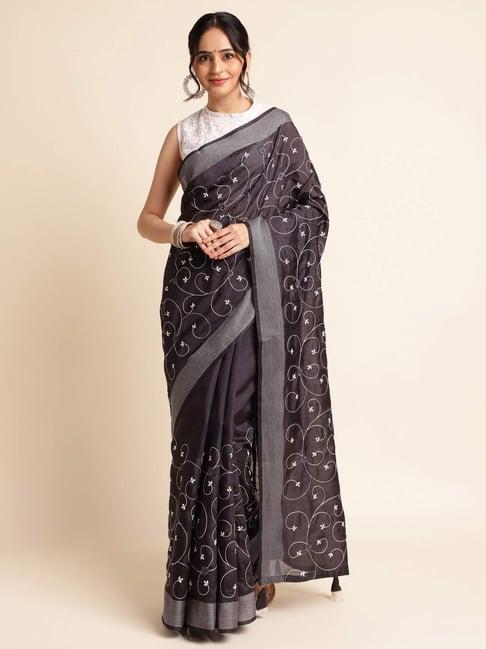 fabmora black embroidered saree with unstitched blouse