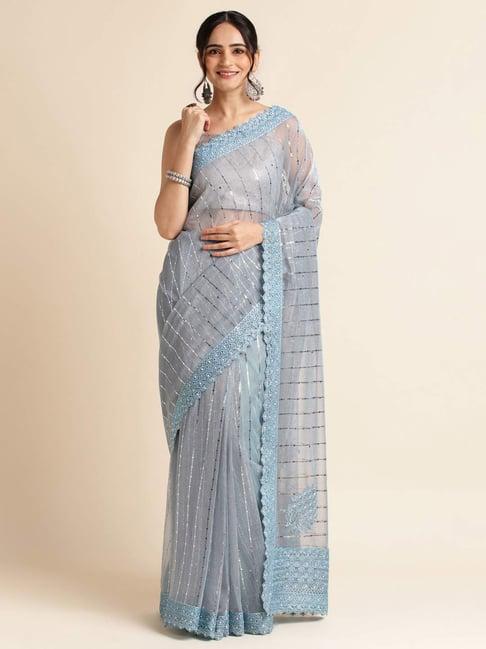 fabmora blue embellished saree with unstitched blouse