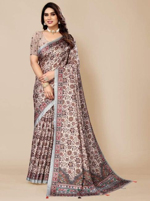 fabmora beige floral print saree with unstitched blouse