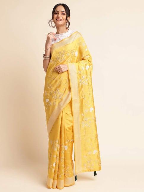 fabmora yellow embroidered saree with unstitched blouse