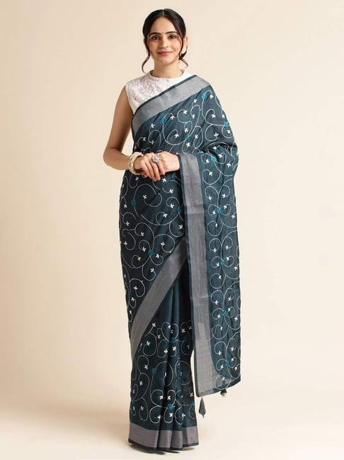 fabmora teal blue embroidered saree with unstitched blouse