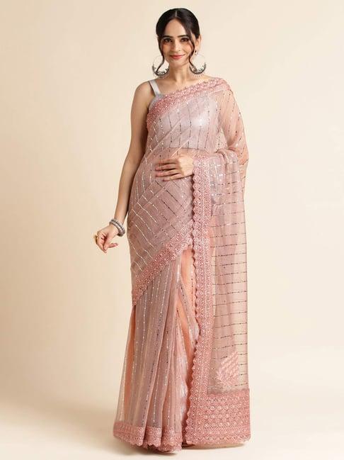 fabmora peach embellished saree with unstitched blouse