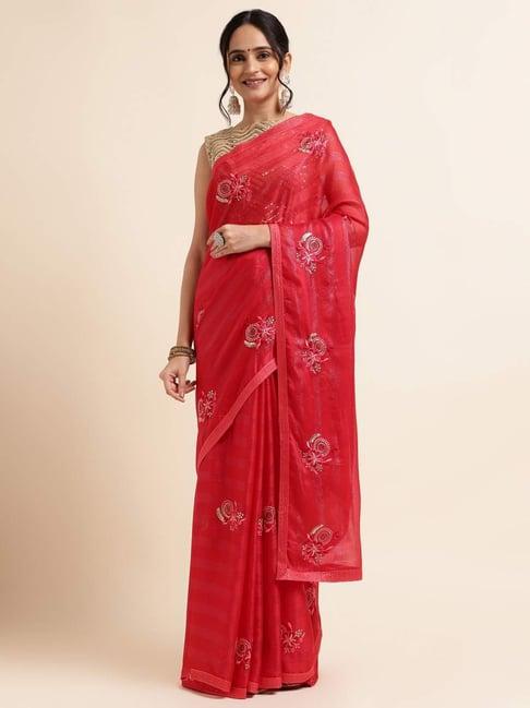 fabmora pink embroidered saree with unstitched blouse