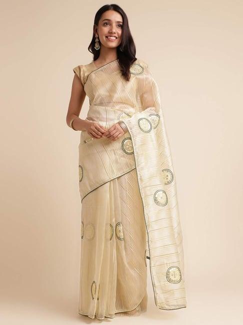 fabmora beige embroidered saree with unstitched blouse