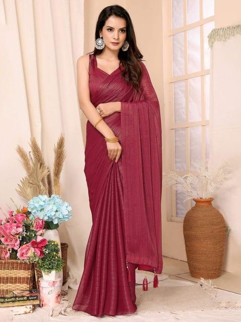 fabmora maroon striped saree with unstitched blouse