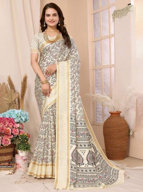 fabmora beige floral print saree with unstitched blouse