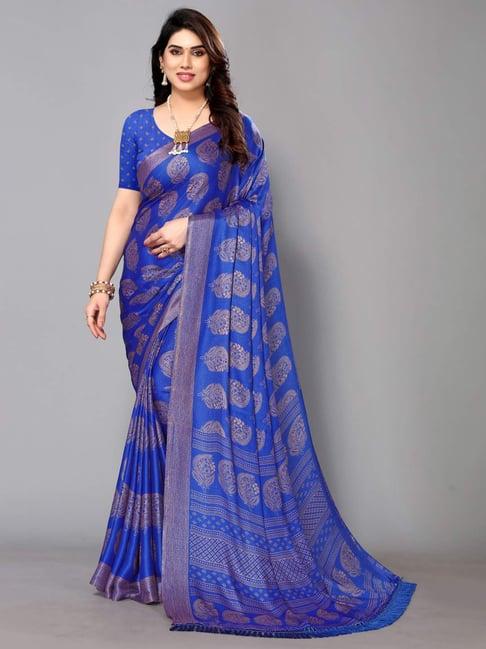 fabmora blue floral print saree with unstitched blouse