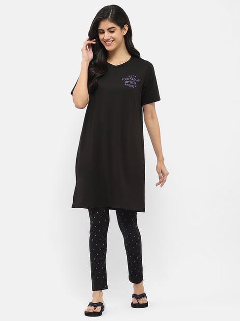 madame m secret black & lavender graphic print t-shirt with pyjamas