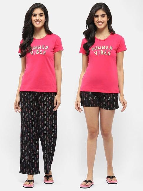 madame m secret pink & black graphic print t-shirt with pyjamas & shorts