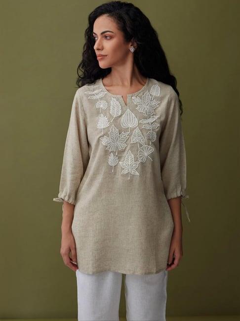 bombay bloom natural linen applique tunic