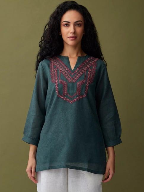 bombay bloom dark cedar karigiri olive linen tunic