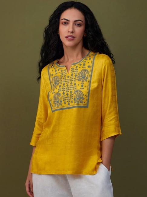 bombay bloom yellow jacquard embroidered tunic