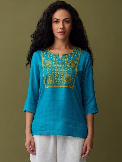 bombay bloom turquoise blue jacquard embroidered tunic