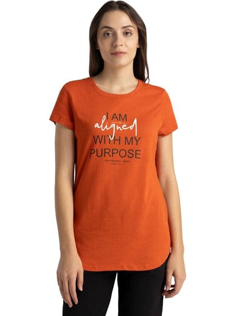 van heusen orange cotton printed t-shirt