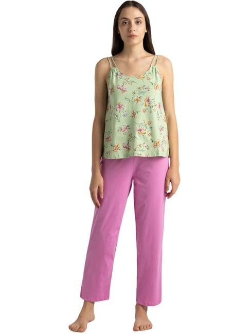 van heusen green & pink cotton floral print top pyjama set