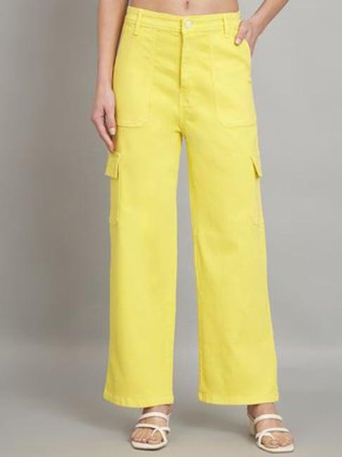 angelfab yellow cotton relaxed fit high rise cargo jeans