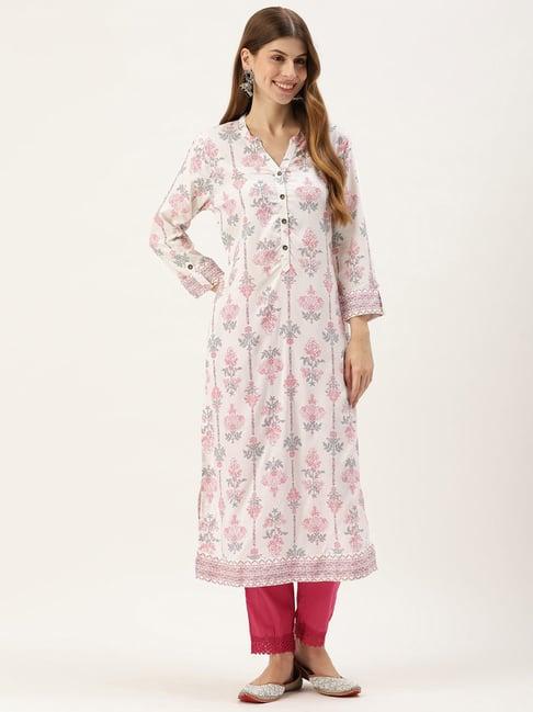 amukti white rayon floral print straight kurta