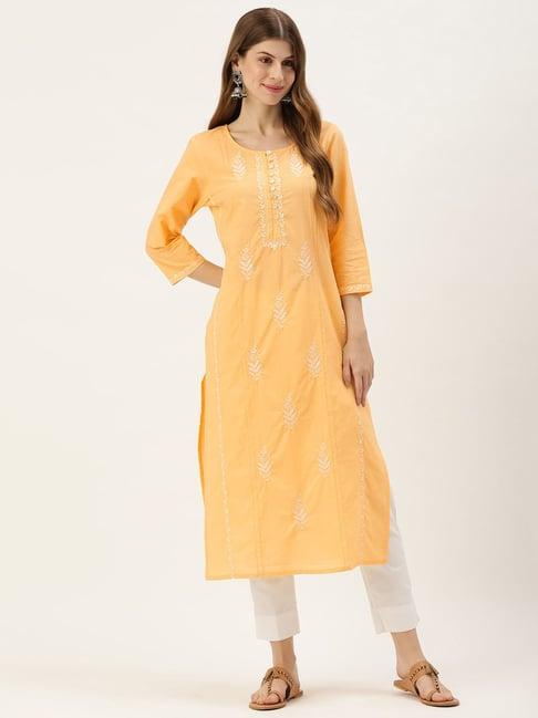 amukti yellow cotton embroidered straight kurta