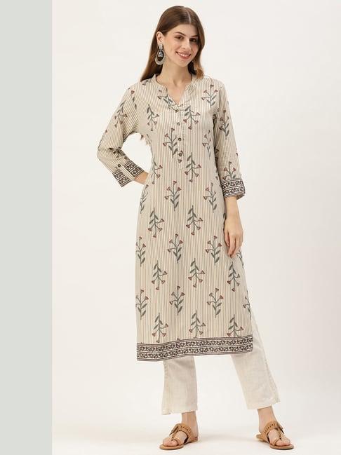 amukti beige rayon floral print a line kurta