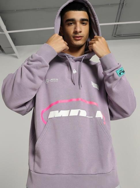 puma pale plum cotton relaxed fit printed hooded sweatshirt