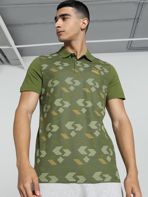 puma olive green cotton slim fit printed polo t-shirt