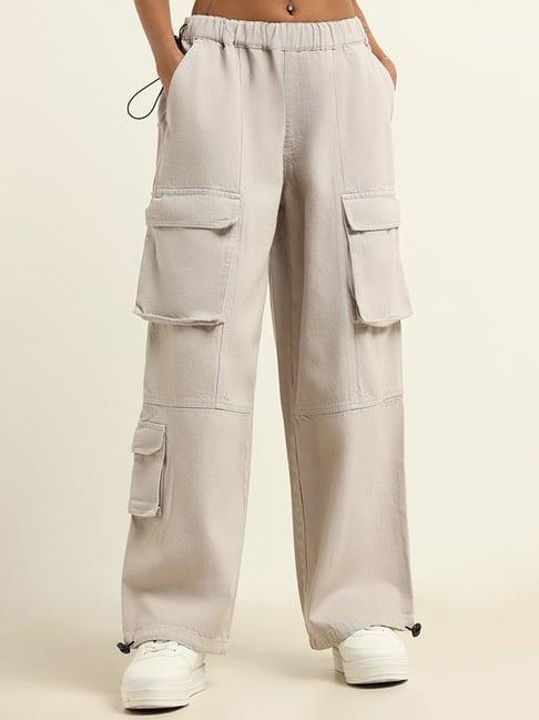 nuon by westside beige straight fit high rise cargo jeans