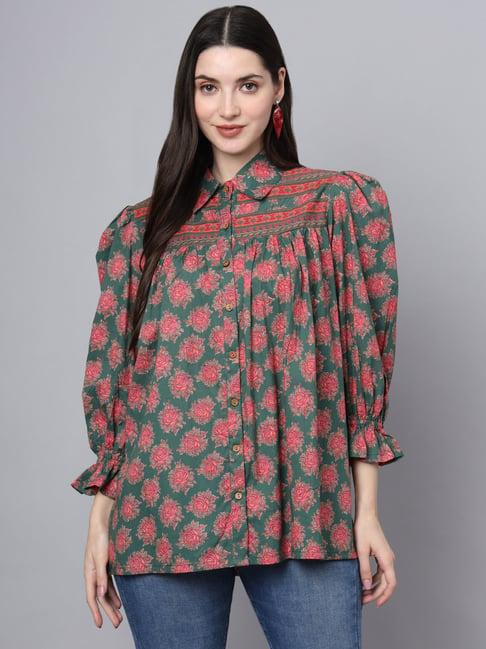 divena green cotton floral print shirt