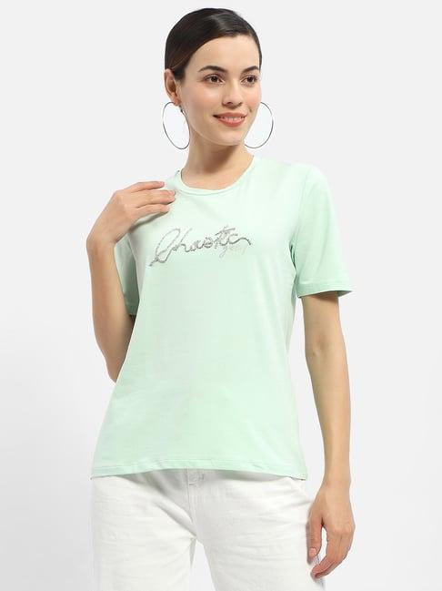 madame mint green cotton embellished t-shirt