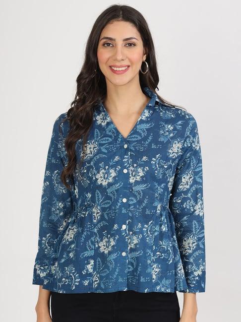 divena indigo cotton floral print shirt