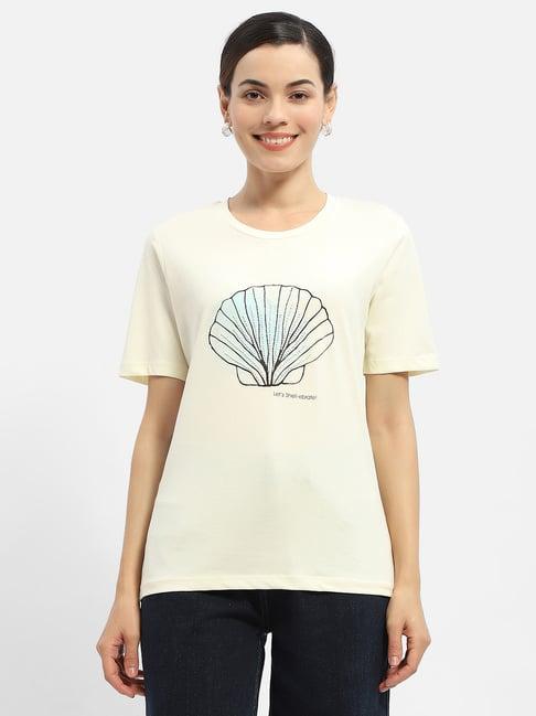 madame beige cotton graphic print t-shirt