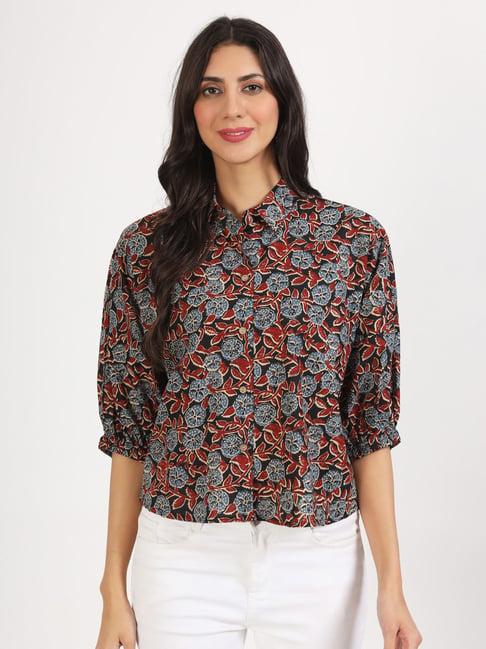 divena black cotton floral print shirt