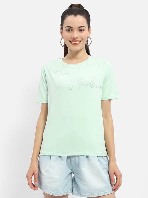 madame mint green cotton embellished t-shirt