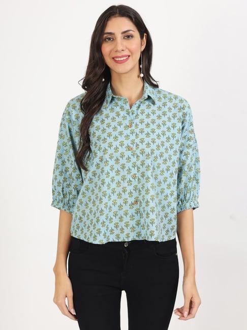 divena sky blue cotton floral print shirt