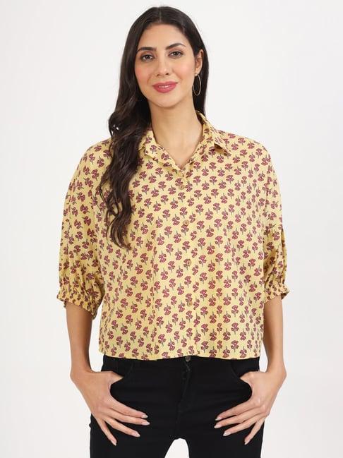 divena beige cotton floral print shirt