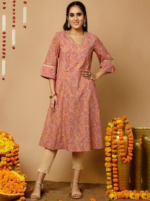 jaipur kurti peach printed a line kurta