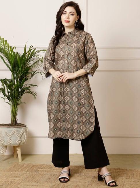 jaipur kurti dark olive printed straight kurta