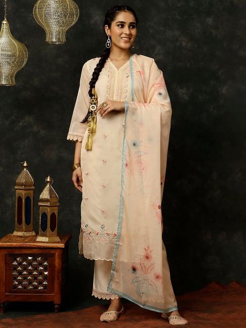 jaipur kurti cream embroidered kurta with pant & dupatta