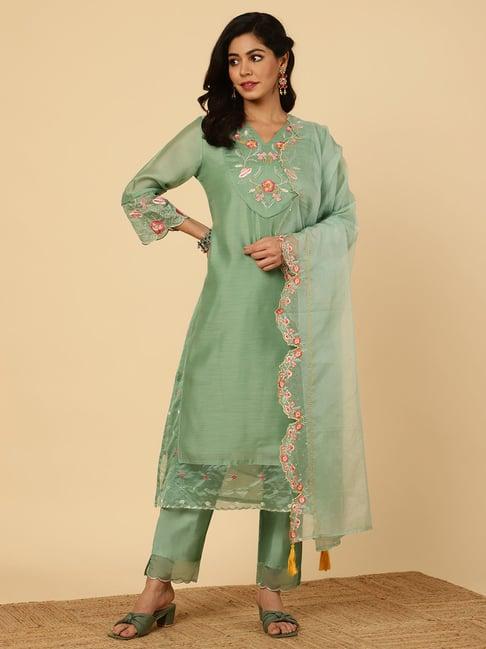 jaipur kurti sea green embroidered kurta with pant & dupatta