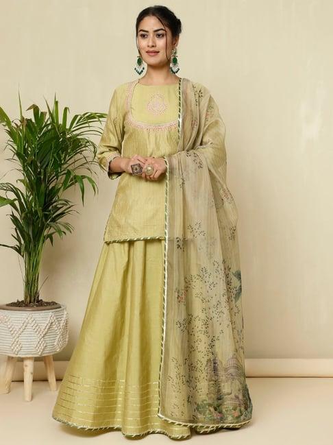 jaipur kurti green embroidered short kurta with skirt & dupatta