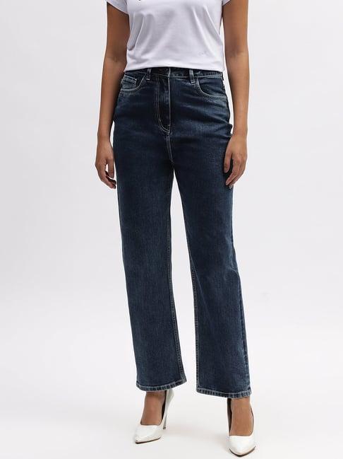 elle blue cotton straight fit high rise jeans