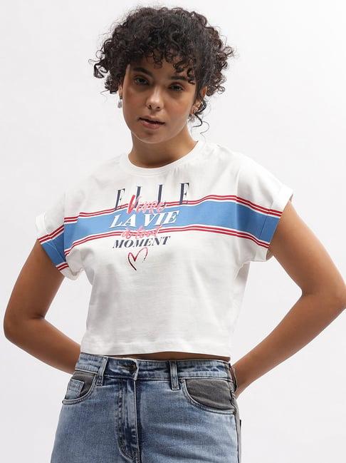 elle white cotton graphic print crop t-shirt