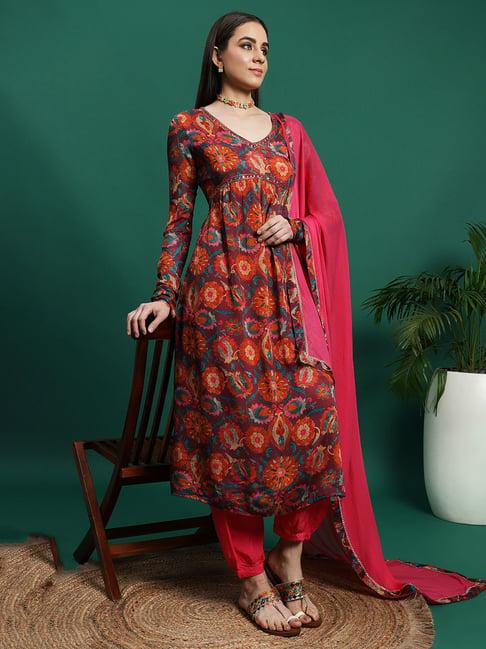 ramas multicolor embroidered kurta with pant & dupatta